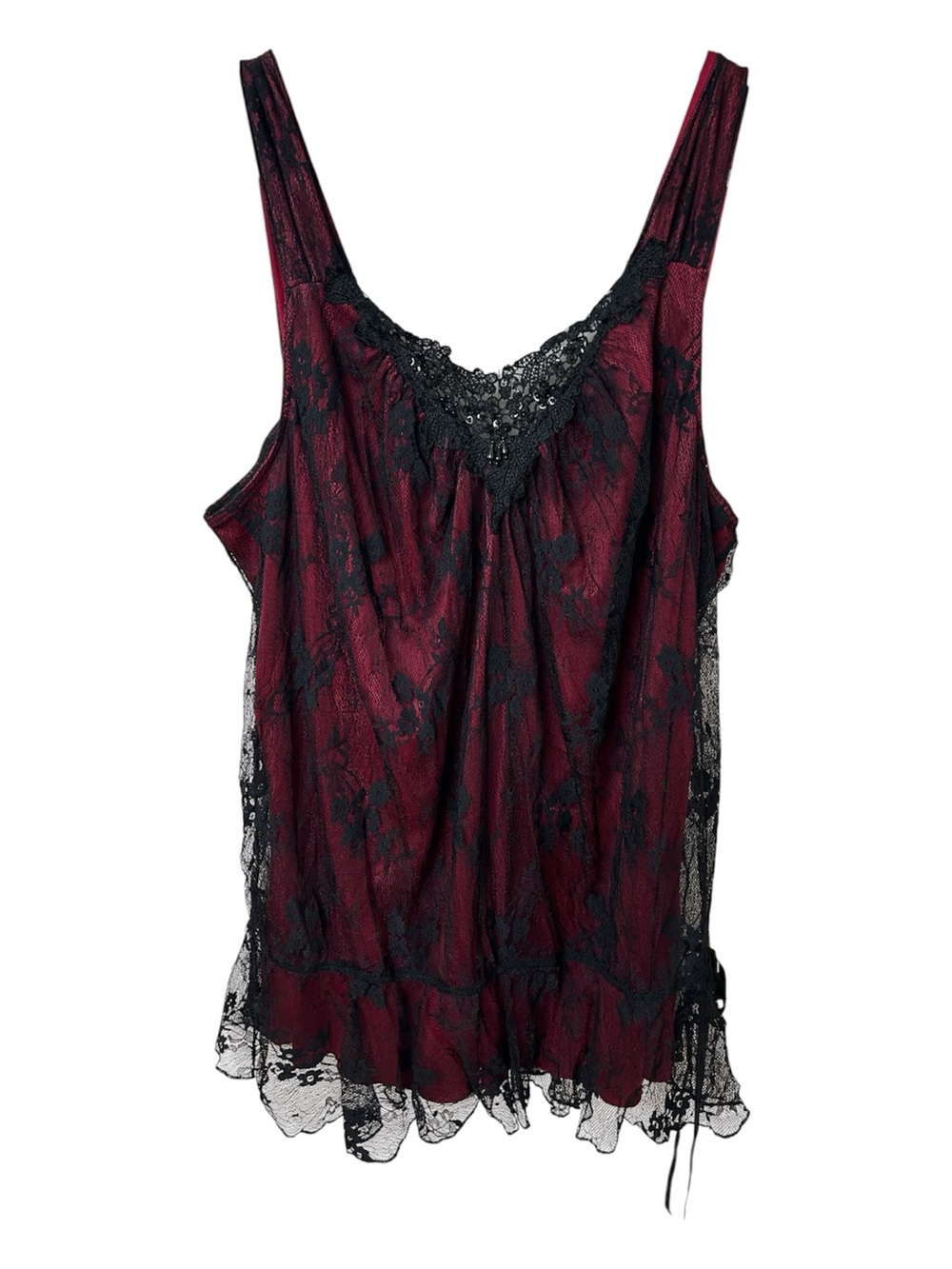 Lane Bryant Gothic Burgundy and Black Lace Camisole Bow Romantic Beaded Tank Top